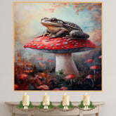 Toad Wall Art Featuring a Woodland Toad Resting on a Red Mushroom Fantasy Autumn Scene with Whimsical Forest Vibes Perfect for Nature and Cottagecore Décor on Ready to Hang 1.5" Thick Canvas Wrap, Floating Framed Canvas, Flat Rolled Canvas